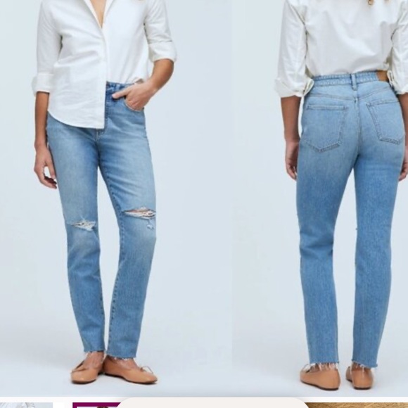Madewell Denim - Madewell The High Rise Slim Crop Boyjean Jeans Distressed Raw Hem medium blue 24